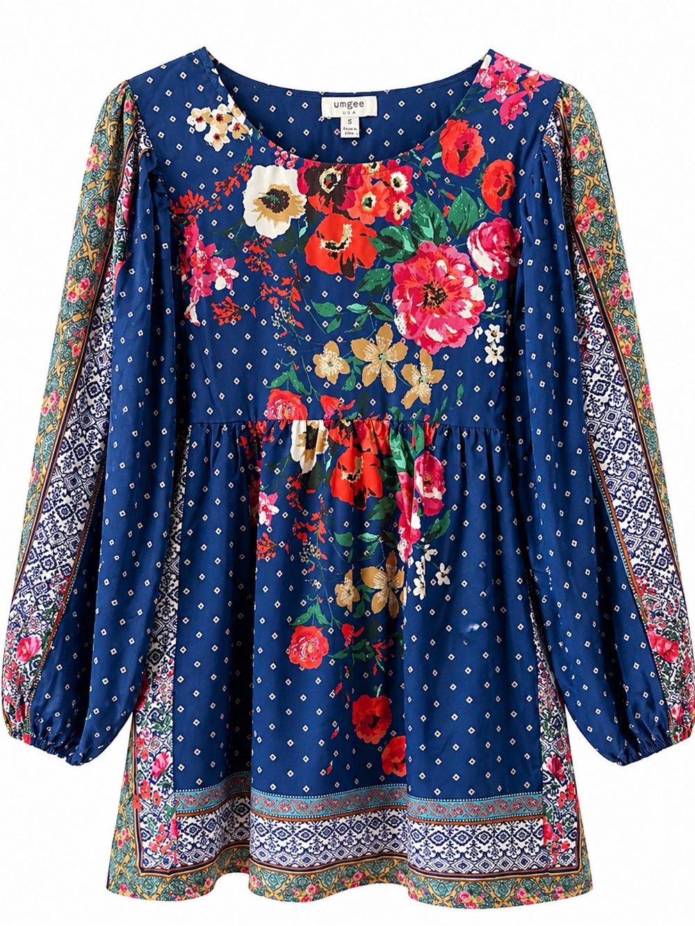 Umgee Boho Floral Peasant Tunic Top - Blue Mixed Print - Flowy - Size M